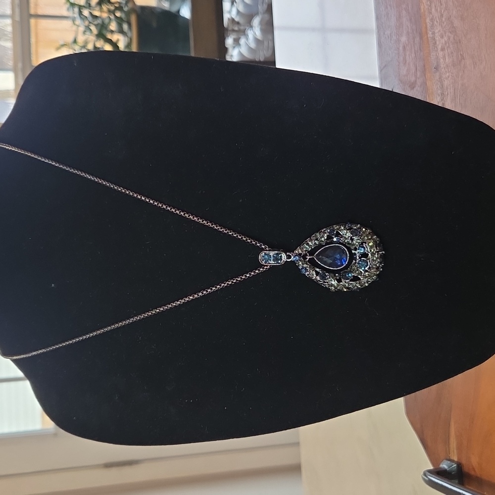 Fashion Crystal Blue Water Drop Black Sweater Chain Long Necklace